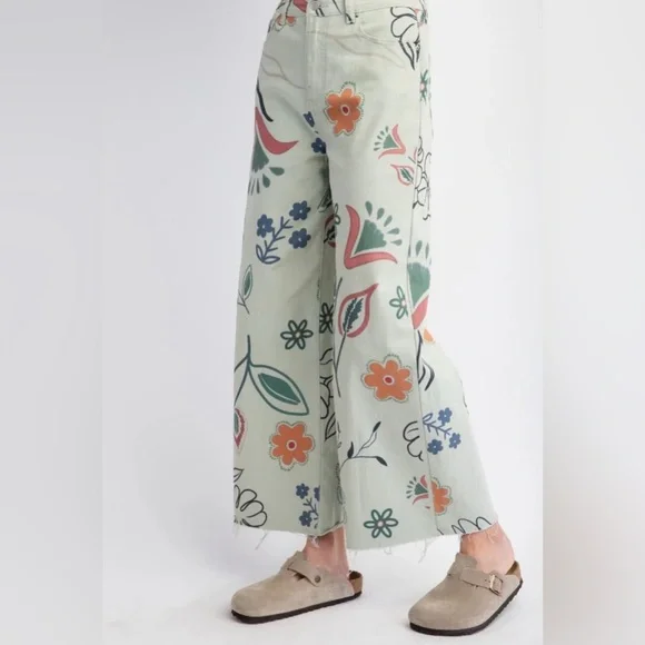 Easel Bold, Floral Rock Wide Leg Jeans - Cream, Green, Orange NWT Size Large - Picture 3 of 10